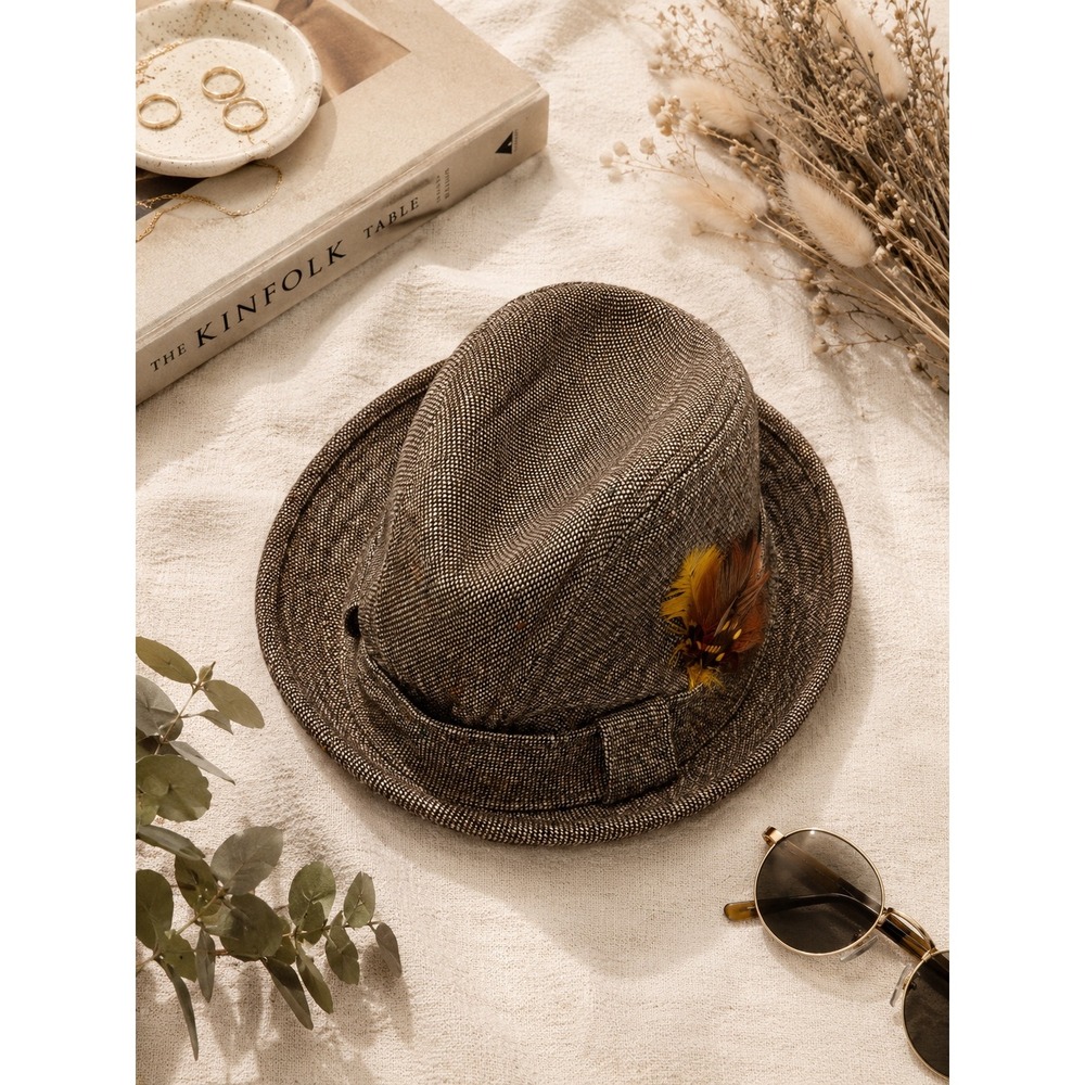Country Gentleman The Traveler Brown Tweed Crushable Fedora Hat with‎ Feather